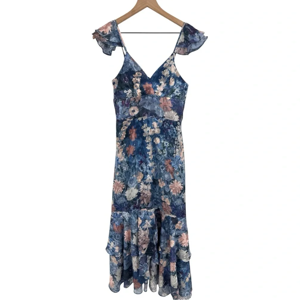 Anthropologie x Hutch Ruffled Midi Dress-  Blue Floral Print - Size 2 - Picture 2 of 10